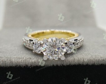 Anello di fidanzamento con diamante a taglio rotondo con 3 pietre, Anello regalo per l'anniversario, Anello Moissanite, Fede nuziale, Anello bicolore, Anello di promessa, Anello nuziale