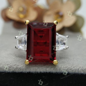 10ct Emerald Cut Ruby Diamond Engagement Ring, Red Ruby Gemstone Ring, 3 Stone Ring For Women, Ruby Ring, Unique Ring Anniversary Gifts Ring