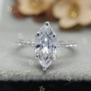 Marquise Cut Moissanite Engagement Ring, Lab Diamond Engagement Ring, Unique Wedding Ring, Hidden Halo Ring, Promise Ring, Anniversary Rings