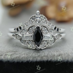1.00 Ct Black Marquise Onyx Engagement Ring Set Antique Black Onyx Wedding Ring Set Stacking Wedding Band Art Deco Black Onyx Bridal Ring