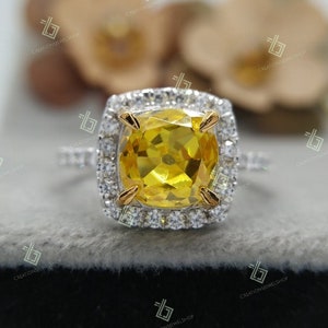 2CT Yellow Cushion Cut Diamond Engagement Ring Fancy Canary Cushion Diamond Wedding Ring Halo Sterling Silver Promise Ring Anniversary Ring