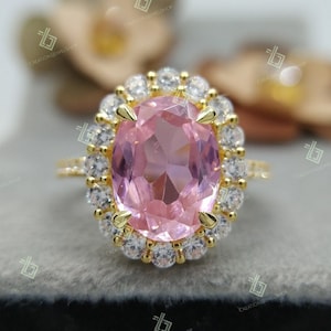Anillo de compromiso con diamante ovalado de zafiro rosa claro de 4,50 ct/12 x 9 mm, anillo rosa elegante de corte ovalado, anillo de aniversario de bodas, anillo de halo para mujer