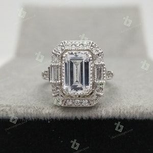 Vintage Emerald Moissanite Ring 2.5 CT Moissanite Engagement Ring, Emerald Diamond Wedding Ring, Art Deco Promise Ring Anniversary Gift Ring