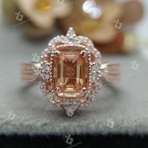 Art Deco 1.0 CT Emerald Cut Morganite Engagement Ring, 925 Sterling Silver Bridal Ring For Her, Vintage Halo Ring, Wedding Ring For Women