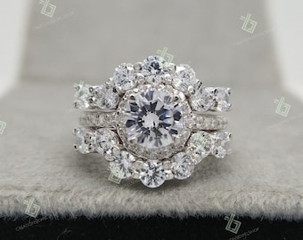 1.00 CT Round Halo Engagement Trio Ring Set, Round Halo Ring, Round Moissanite Wrap Guard Band Ring Forever One Round Cut Ring Halo Ring Set