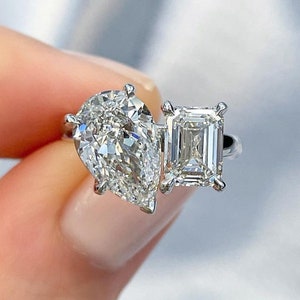 Pear Cut and Emerald Cut Diamond Two Stone Wedding Ring, Emerald Cut ...