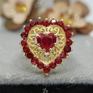 1ct Heart shaped garnet diamond engagement ring 14k yellow gold plated ring halo garnet accents ring unique anniversary gift valentines gift