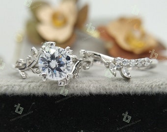 Vintage Diamond Leaf Wedding Band Set Promise Gift Nature Inspired 1.70ct Round Cut Moissanite Engagement Ring Set Moissanite Wedding Ring
