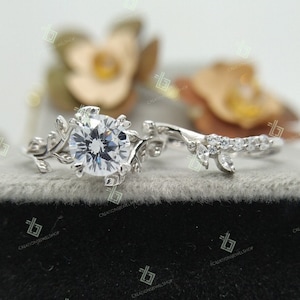 Vintage Diamond Leaf Wedding Band Set Promise Gift Nature Inspired 1.70ct Round Cut Moissanite Engagement Ring Set Moissanite Wedding Ring