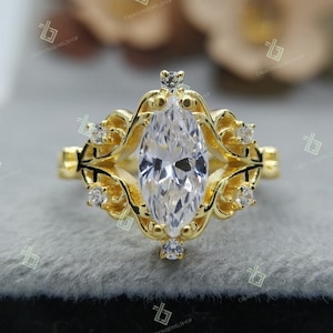 Vintage 1 CT Marquise Cut Moissanite Engagement Rings Art Deco Lab Diamond Ring 14k Yellow Gold Plated Marquise Wedding Rings Marquise Rings