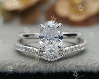 1.25 CT Oval Moissanite Engagement Ring Set Oval Wedding Ring Set 14K White Gold Plated Anniversary Ring Set Anniversary Gift Promise Ring