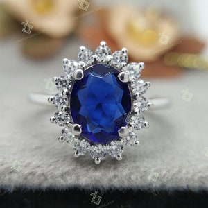 Antique Blue Sapphire Engagement Ring, Princess Diana Oval Cut Sapphire Diamond Ring, 2 Ct Blue Sapphire Ring. Promise Anniversary Gift Ring