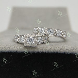 Art Deco Bridal Set 1.70 cts Round Diamond Wedding Ring Set, Diamond Bridal Ring Set Vintage Engagement Ring Set Stacking Band Set For Her