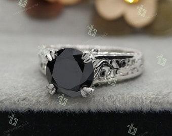 Anillo de compromiso vintage con diamantes de ónix negro, anillo con forma de flor, anillo solitario negro de talla redonda, anillo Art Deco, anillo de filigrana para mujer, anillo de aniversario