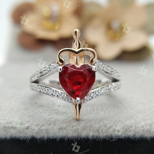 Enchanted Ring, Heart Shaped Garnet Sword Ring Engagement Ring In 925 Sterling Silver, Two Tone Ring, Vintage Ring For Women, Unique Jewelry