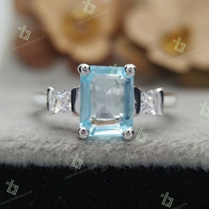 Art Deco 1.75 ct Emerald Cut Aquamarine Engagement Ring, Aqua Gemstone Ring, Estate Three Stone Ring, March Gemstone Ring Anniversary Gifts