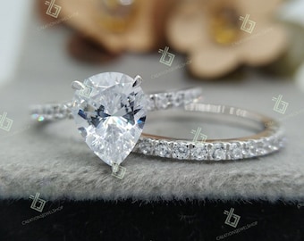 2ct Pear Shaped Moissanite Engagement Ring Set For Womens 14K White Gold Plated Lab Diamond Ring Set, 2pcs Wedding Set, Bridal Ring Set,