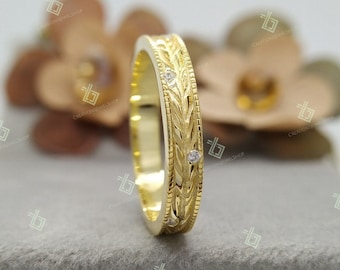 Aliança de casamento antiga, banda de eternidade completa, diamantes, banda vintage, arte déco, banda delicada, banhada a ouro amarelo 14K, banda de moissanite, banda imobiliária