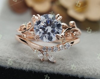 1ct Round Cut Moissanite Engagement Ring Set Vintage Diamond Leaf Wedding Band Promise Gift Nature Inspired Moissanite Wedding Ring Womens