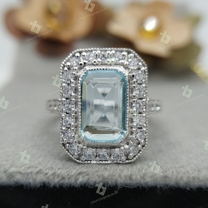 Anillo Art Déco vintage de aguamarina esmeralda, anillos de compromiso antiguos para mujeres, anillo de declaración único, anillo de aguamarina anillo delicado anillo de finca