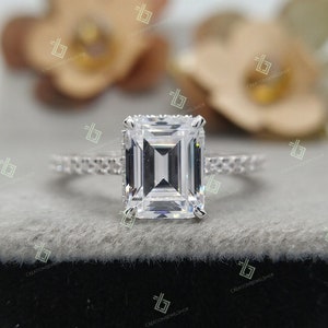 Emerald Cut Hidden Halo Diamond Engagement Ring, 2.5ct Emerald Cut Moissanite 9x7mm, Lab Diamond Ring, Emerald Diamond Ring Anniversary Ring