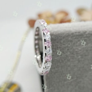Vigselring med vit diamant och rosa safir, alliansring, stapelring med oktober-födelsesten, elegant vigselring, jubileumslöfte för henne