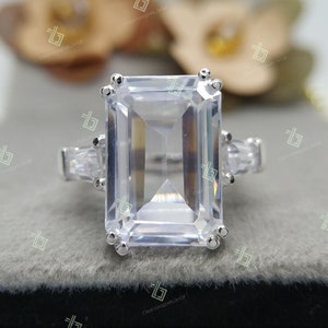 Stunning 11ct Emerald Cut Diamond Ring with Emerald Side Stones, Huge Three Stone Ring, 15*10 Emerald Cut Ring, Unique Ring Gift For Her