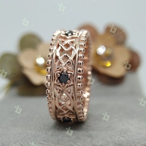 Celtic Knot Wedding Band: Sterling Silver Filigree Ring with Black Diamond