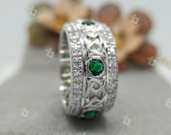 Emerald Celtic Ring, Diamond Celtic Knot Wedding Band, Eternity Band, Stacking Band, Wedding Bridal Band, Band For Women, Anniversary Ring