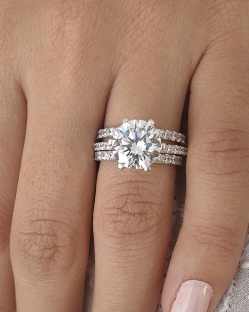 Gorgeous 2 Carat Brilliant Round Cut Bridal Set With Two Half Eternity Wedding Band, Wedding Set, Moissanite Bridal Set, 3 PCS Ring Set image 7