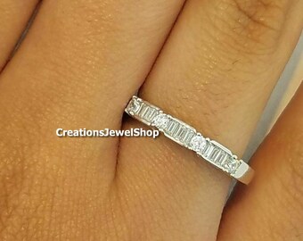 Baguette & Round Half Eternity Wedding Band, Colorless Moissanite Anniversary Band, Stackable Band, Moissanite Band, Anniversary Bridal Band