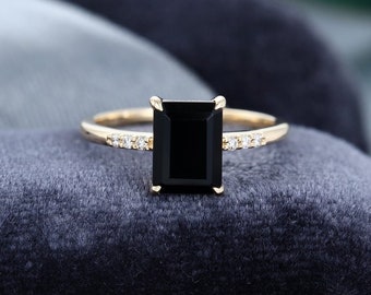 anniversary bridal ring Emerald cut Black Onyx engagement ring for women vintage sterling silver antique art deco unique moissanite promise