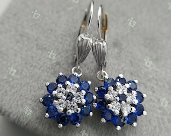 Round-Cut Blue Sapphire Diamond Earrings, Floral Halo Earrings, Lever-back Earrings, Dangle Earrings, 925 Sterling Silver, Vintage Earring