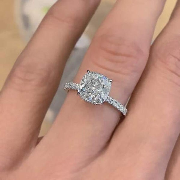 2.5 CT Cushion Cut Lab Diamond Wedding Ring / Solitaire Lab Diamond Ring / Hidden Halo White Cushion Engagement Ring/ Bridal Gift Ring