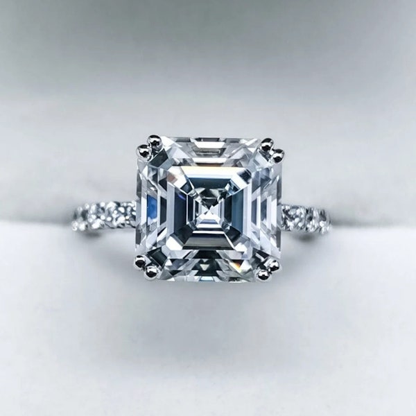 3CT Asscher Cut Lab Diamond Engagement Ring - Asscher Solitaire Ring - Square Asscher Cut Diamond Ring - Hidden Halo Ring - Promise Ring