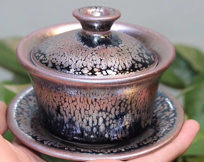 120cc Jianzhan Gaiwan-oil Spot Tenmoku Pottery Gaiwan-Handmade Chinese Gongfu Teawares