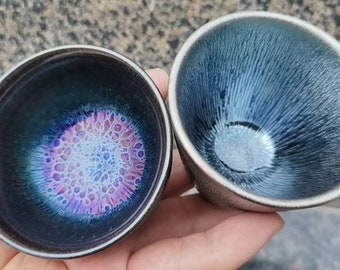 80ml / 2.71 fl oz - Pair of Jianzhan Tenmoku Tea Bowls (Silver Rabbit Hair & Yaobian Glaze)