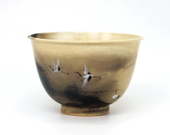 Taza de té Jingdezhen de 100 ml, pintada a mano en horno de leña con diseño de "Grulla" - Taza maestra de pintura con tinta en horno de leña