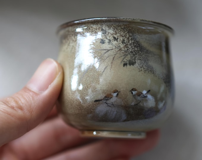 70ml Hand-Painted Ink-Style “Flower and Bird” Wood-Fired Cup