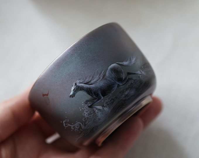 110ml Jingdezhen Wood Fired Tea Cup, Hand-painted "Horse Treading on Waves", Purple Metallic Glaze, Master Cup