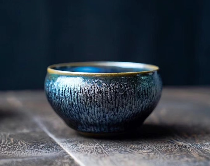 9*5cm Jianzhan Tenmoku Tea Cup,Blue Flower Oil Spot Tea Bowl