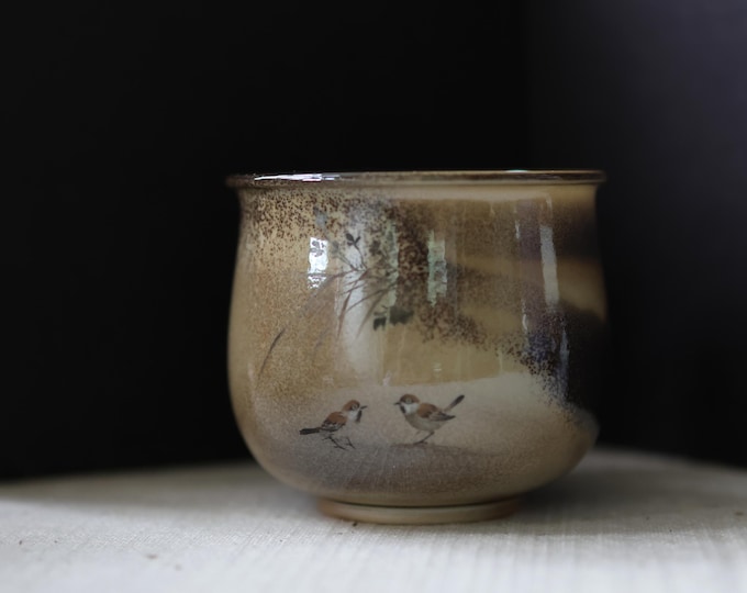 70ml / 2.37 oz Wood-Fired Tea Cup, Hand-Painted Ink-Wash Birds and Flowers