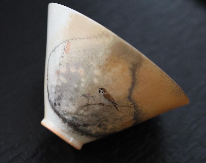 85ml / 2.87 oz Hand-painted Ink‑Painting Floral Bird Douli Tea Cup - Wood Fired Tea Cup