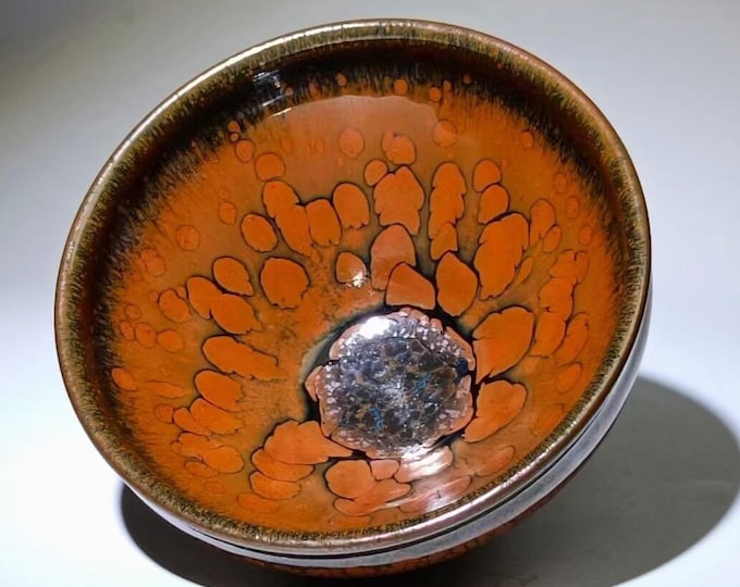 90*55mm Jianzhan tenmoku Peony Oil Spot Chawan-Artist 李学有