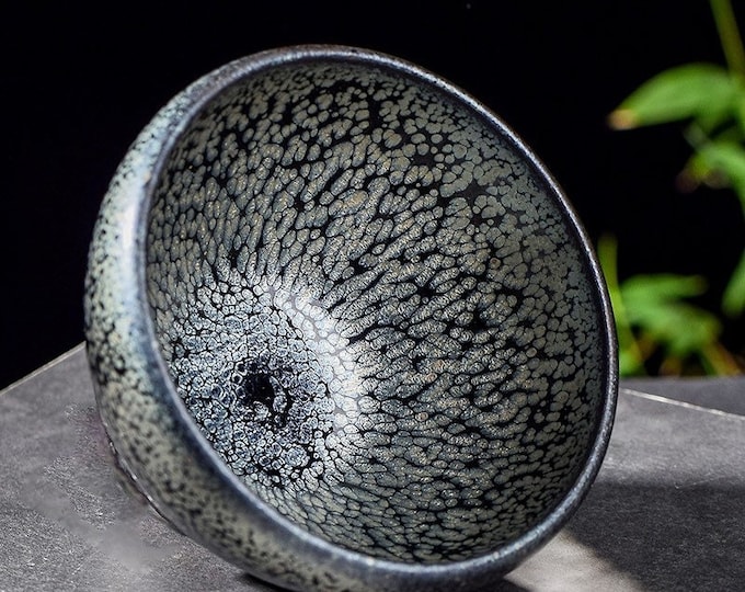 87*62mm 150ml Jianzhan Tea Bowl Silver Oil Spot Black Ground Tenmoku Chawan