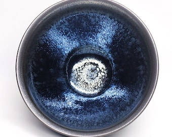 12.5*7.5cm Jianzhan Tenmoku Tea Bowl-Blue Oil Spot Tenmoku Chawan