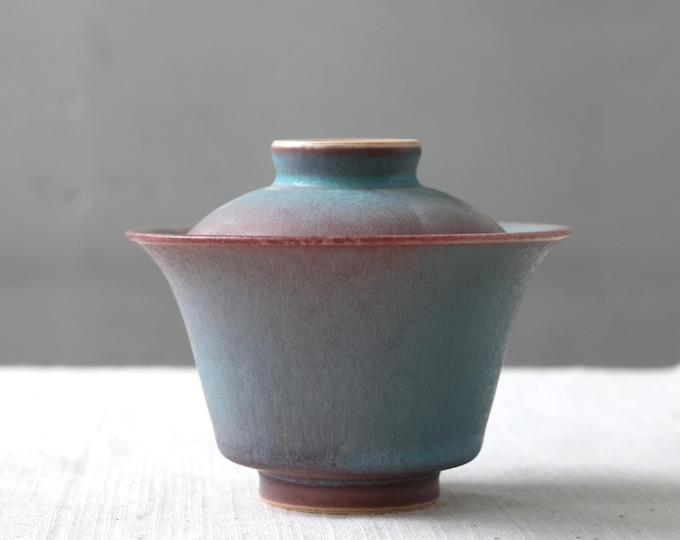 Handmade 120ml Kiln Transmutation Blue Gaiwan, Mini Gaiwan Matte Glaze, with matched tea cup