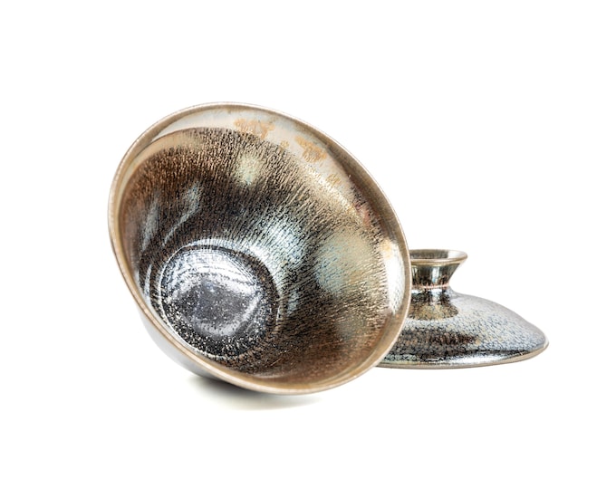 140ml Gold Oil Drop Jian Zhan Gaiwan, Handmade Thin Porcelain Tenmokus, Traditional Jian Ware for Tea Ceremony