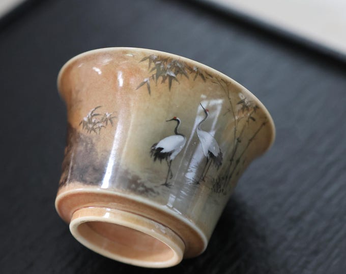 80 ml / 2.71 oz Hand‑Painted Ink‑Painting “Crane” Teacup – Wood‑Fired Teacup