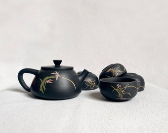 200cc Jian shui Teapot,Handmade "Shi Piao"Teapot, Cai Tian彩填“ Orchid” Teapot Set